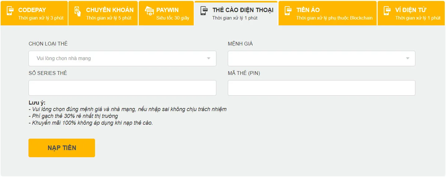 Nạp qua thẻ cào điện thoại