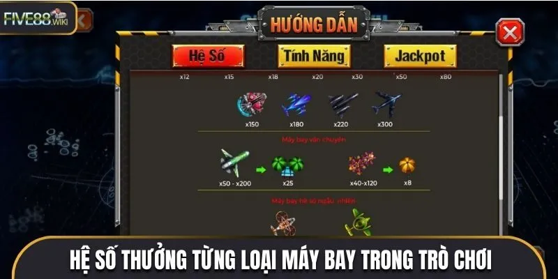 Hệ số thưởng từng loại máy bay trong trò chơi